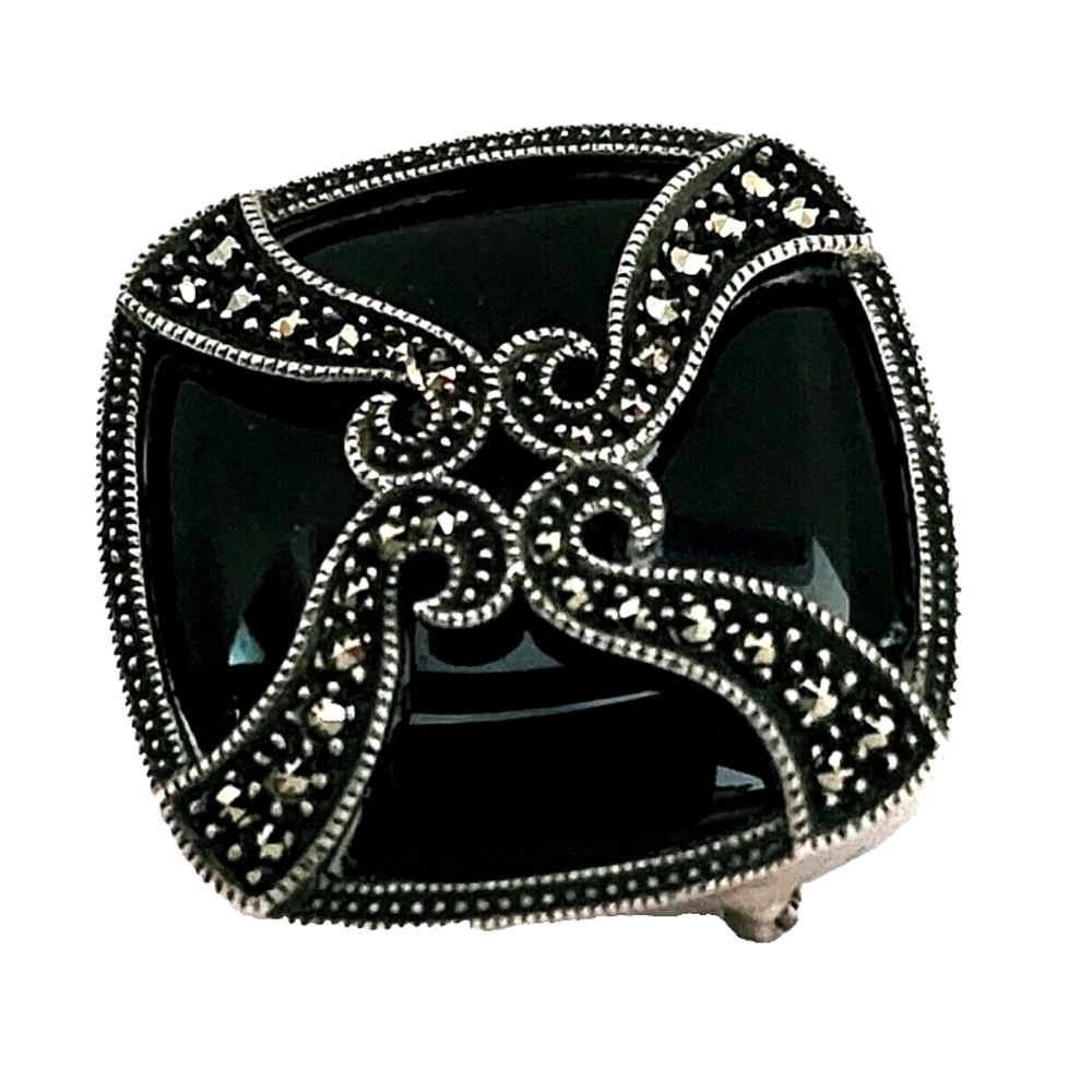 Vintage Judith Jack Sterling Silver 925 Marcasite Square Black Onyx Pin Brooch